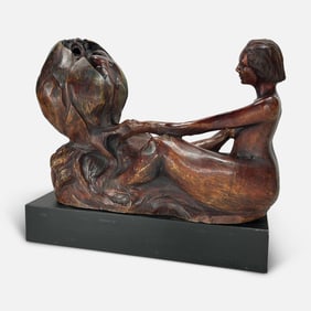 Fabio Artist Signed Grotesque Man Trapped in a Pod by a Woman HUGE Lifesize Solid Wood Sculpture
