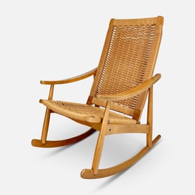 Hans J. Wegner Style Mid-Century Modern Wood & Rope Rocking Chair