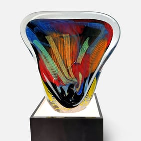 Rollin Karg 1998 Large Free Form Dichroic Art Glass Sculpture on Tall Lighted Pedestal Base