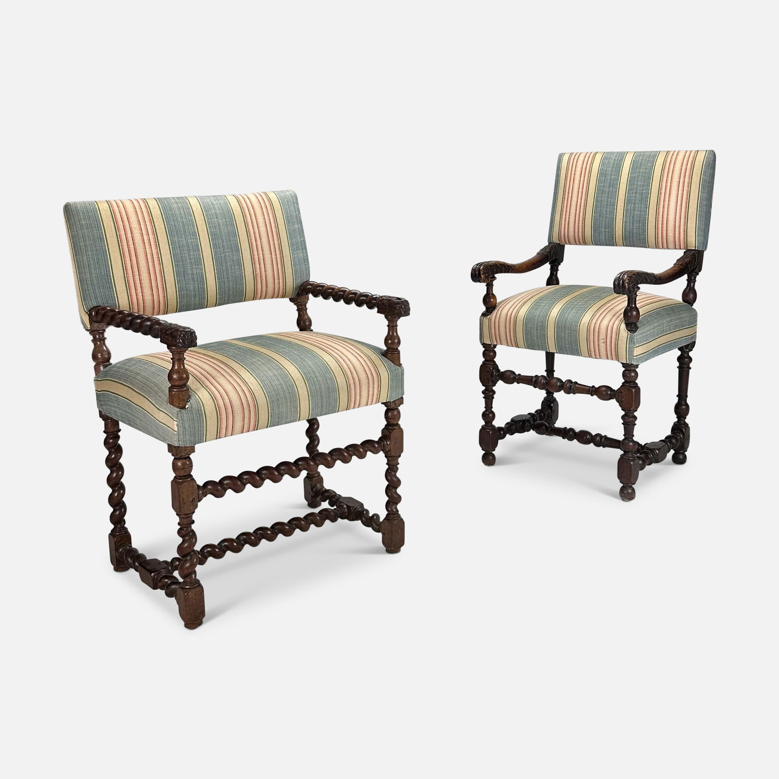 Two Antique Louis XIII Barley Twist Re-Upholstered Armchairs: Two Louis XIII Style Armchairs. Good age-appropriate condition apparent repair to right arm of one chair (see photo). Wider chair measurements included in listing, both chairs approx. seat H: 21". We