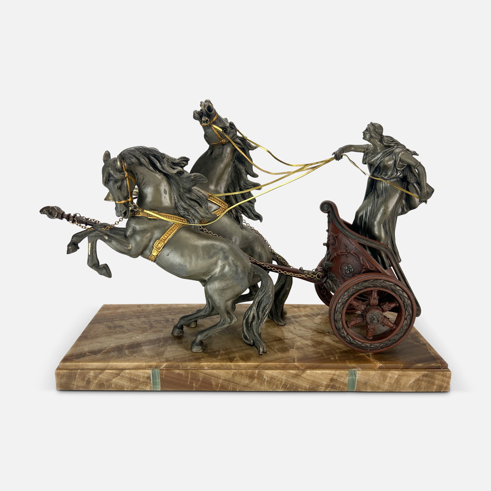 Huge Roman Chariot Metal Sculpture on Marble Base: Sculpture sits on marble base. Sculpture without base measures approx. 14" x 22 1/4" x 6 3/4". We do not provide in-house shipping! Please reach out to Donald Camden at UPS Store 4608 or refer to our 
