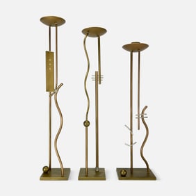 Three Signed Postmodern Abstract Metal Candleholders