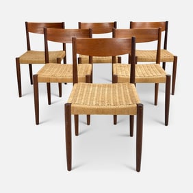 Six Poul Volther for Frem Rojle Danish Modern Woven Cord Teak Dining Chairs