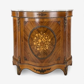 Fine Louis XVI Style Marble Top Serpentine-Front Cabinet Burl Marquetry Inlay w/Ormolu Mounts