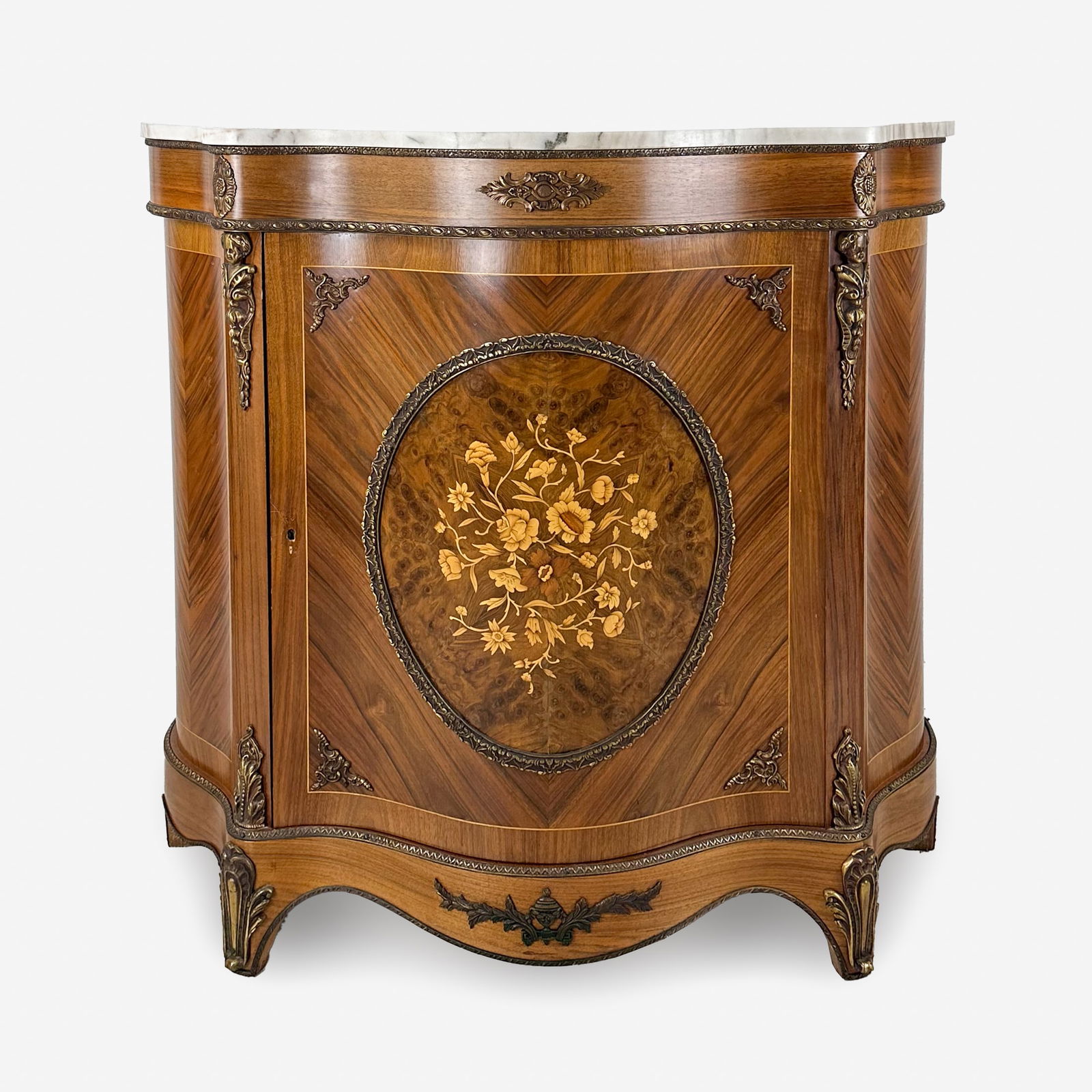 Fine Louis XVI Style Marble Top Serpentine-Front Cabinet Burl Marquetry Inlay w/Ormolu Mounts (1 of 13)