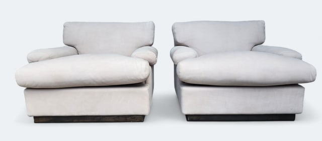 Pair Cassina Atelier Limited Suede Lounge Chairs Wood Platform Base Pale Lavender/Neutral Gray