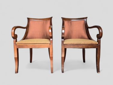 Smith and Watson New York Pair of Regency Style Silk Upholstered Arm Chairs