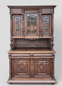 Antique Carved Oak Barback Whiskey Server Bar Three-Piece Lighted Cabinet