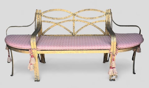 Antique French Hand Wrought Strap Iron Gilt Decorated Four Seat Upholstered Bench w/Tassels