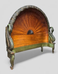 Exotic French 1920s Art Deco Carved Swan Headboard Inlaid Wood Parquetry Bed