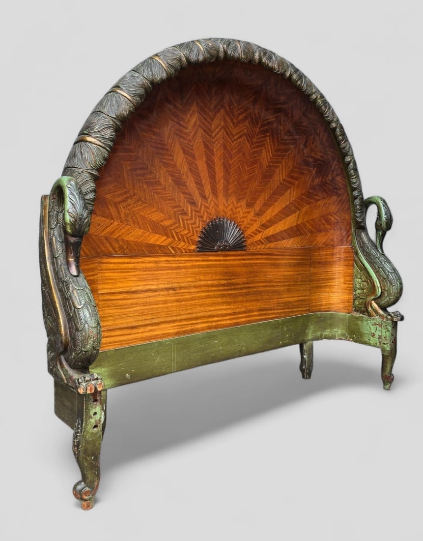 Exotic French 1920s Art Deco Carved Swan Headboard Inlaid Wood Parquetry Bed (1 of 9)