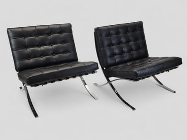 Pair Mies van der Rohe Style Lounge Leather and Chrome Barcelona Chairs