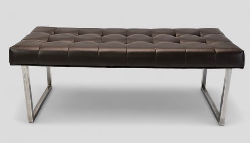 Modern MCM Tufted Faux Leather and Chrome Sofa Bench
