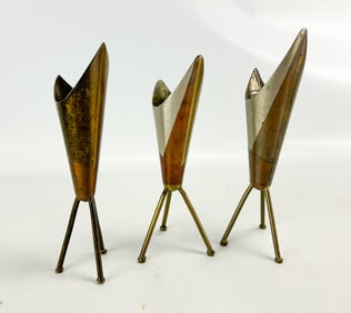 Three E.Cabello C.A. Mexico Mixed Metal Handwrought Modernist Atomic Age MCM Vessel Vases