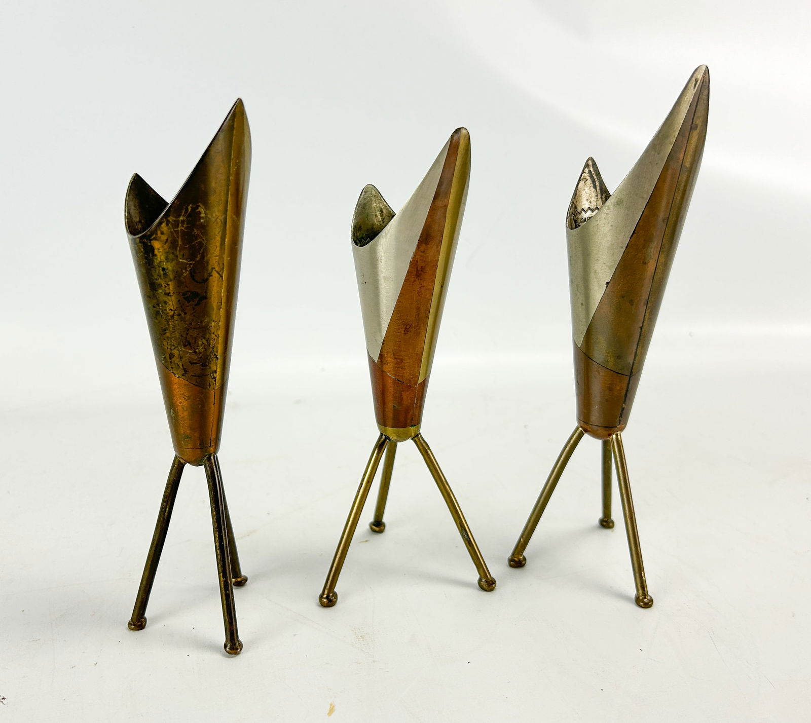 Three E.Cabello C.A. Mexico Mixed Metal Handwrought Modernist Atomic Age MCM Vessel Vases (1 of 5)