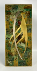 Sigi Pineda Mixed Metal & Blue/Green Stone Mosaic Mexican MCM Modernist Wall Plaque #1