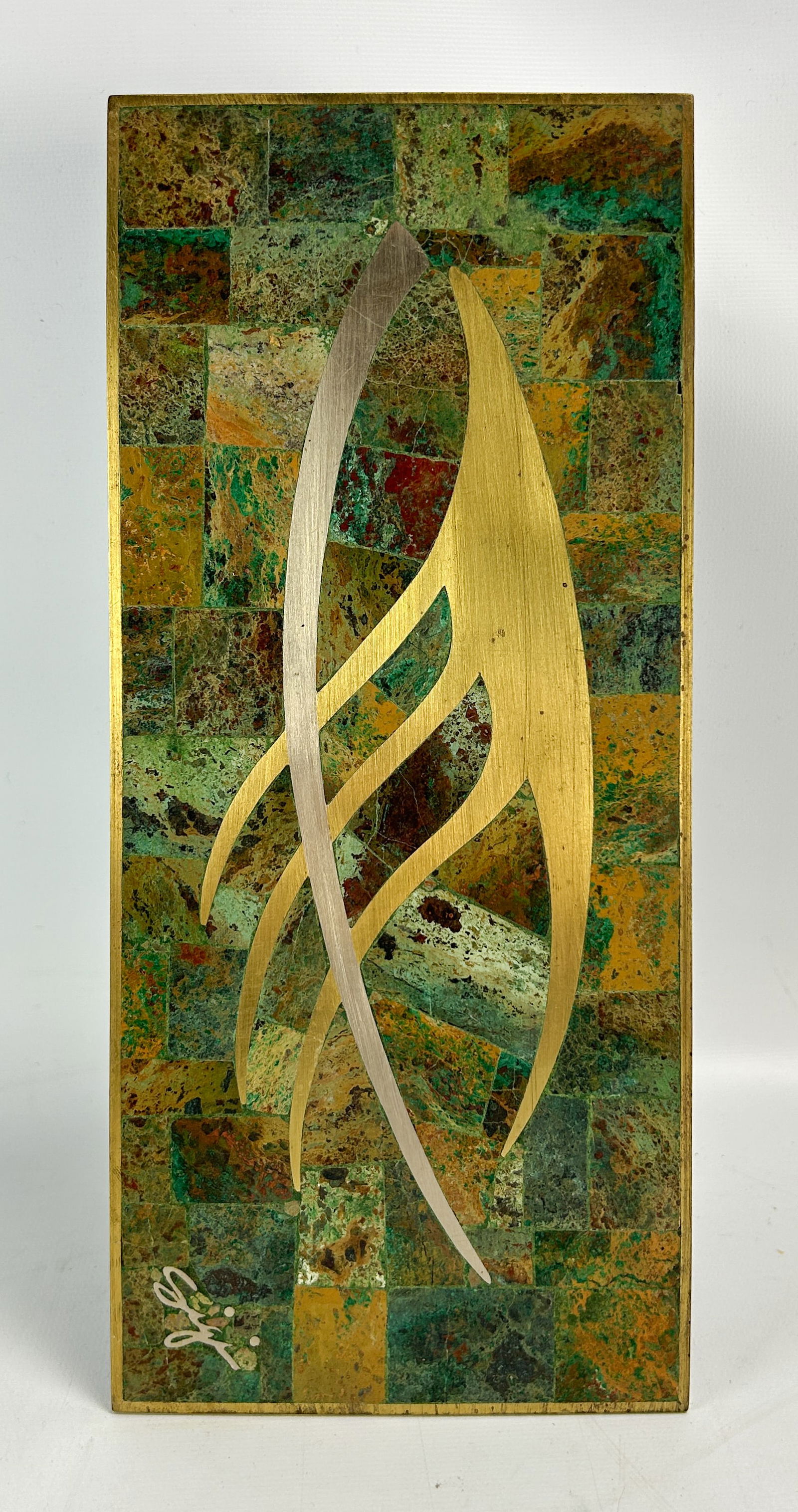 Sigi Pineda Mixed Metal & Blue/Green Stone Mosaic Mexican MCM Modernist Wall Plaque #1 (1 of 6)