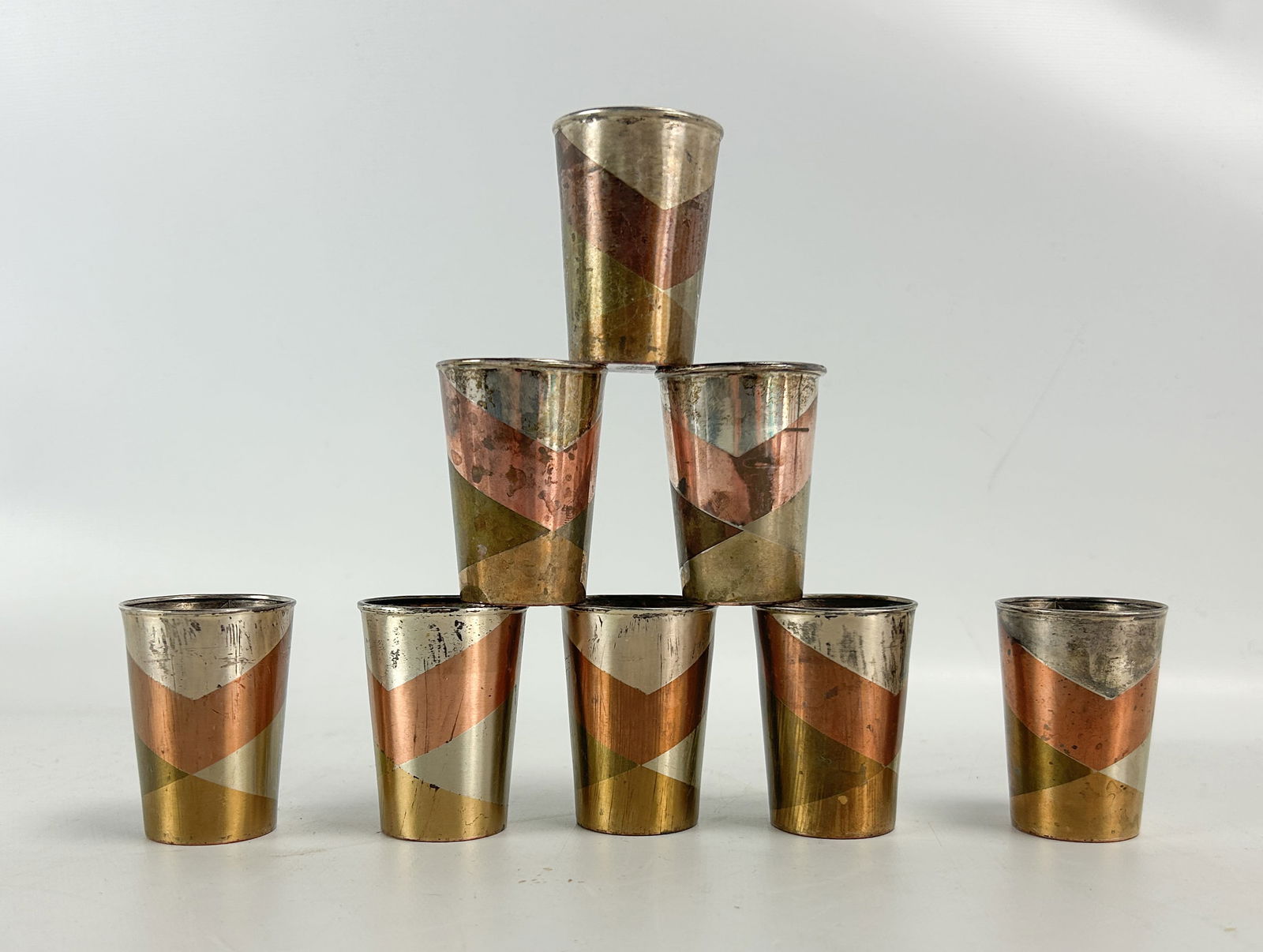 Eight Good Mexican Metales Castillo Mixed Metal Tri-Color MCM Shot Glasses Cups (1 of 6)