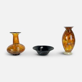 Three David Leppla & R. Herzog Hand Blown Contemporary Studio Art Glass Vases and Ruffled Bowl