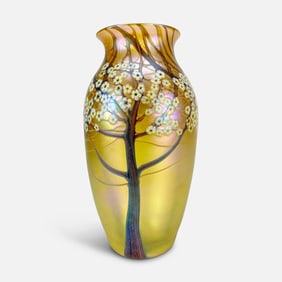 Orient and Flume Gold Iridescent Frosted Hawthorn Design Contemporary Studio Art Glass Vase