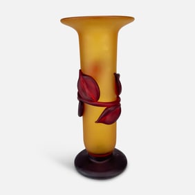 Tommie Rush Amber & Red Botanical Frosted Contemporary Studio Art Glass Vase