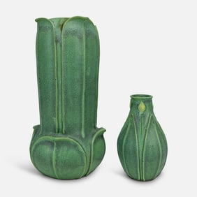 Two Jemerick Arts & Crafts Style Green Matte Contemporary Art Pottery Vases
