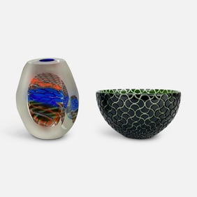 Steven Main Signed Contemporary Studio Art Glass Vase & Bowl