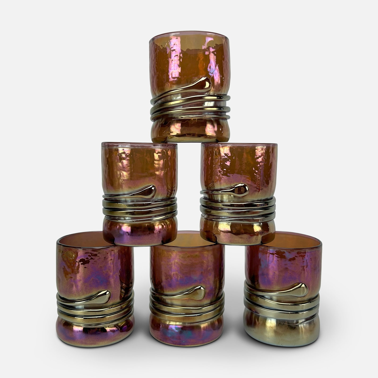 Six Esteban Prieto Iridescent Contemporary Studio Art Glass Tumblers: Includes six glasses all signed on bottom. We do not provide in-house shipping! Please reach out to Donald Camden at UPS Store 4608 or refer to our list of preferred shippers for a quote. Donald Camde