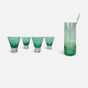 Set of Stephen Smyers "Corfu" Contemporary Studio Art Glass Cocktail Glasses and Pitcher