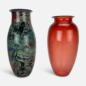Two Josh Simpson Iridescent Contemporary Studio Art Glass Vases