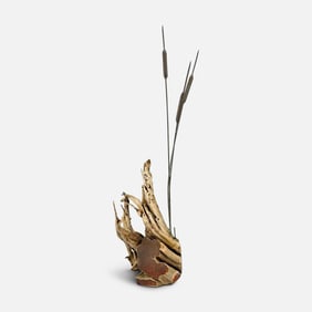Vintage Carved Driftwood and Bronze Metal Cattails Art Floor Sculpture
