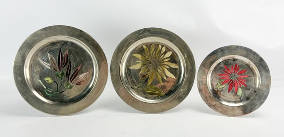 Three Los Castillo Taxco Mexican Silverplate Plique-A-Jour Dishes