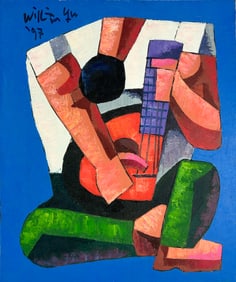 William Yu "Guitarist" Original Oil on Board Cubist Modernist Painting