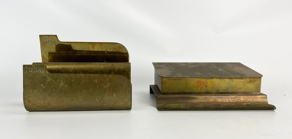Vintage Sarreid Brass Letter Holder Wavy Ripple w/Matched Box Contemporary Bauhaus Style