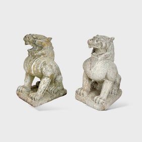 Pair Old Chinese Solid Carved Variegated Marble Temple Guardian Lions Fu Dogs