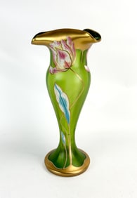 Mont Joye Art Nouveau Enameled Tulip Art Glass Vase