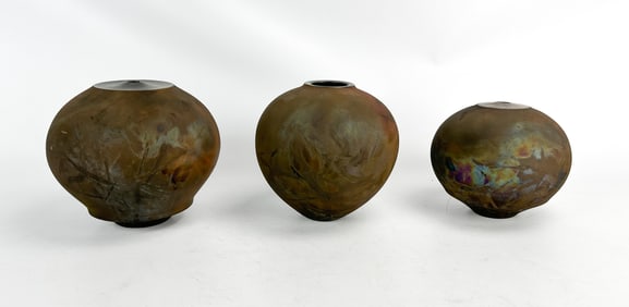 Three Jackie Greeves Raku Art Pottery Vessels