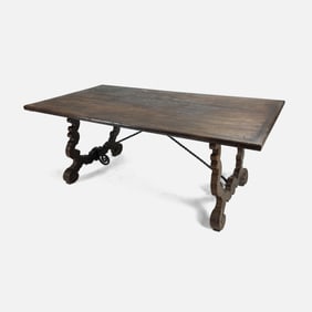 Antique Spanish Baroque Style Walnut and Wrought Iron Trestle Dining Table