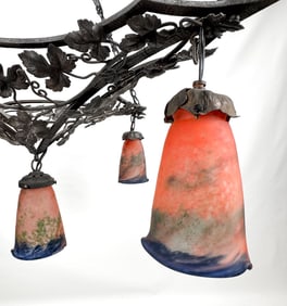 French Art Deco Degue Art Glass and Wrought Iron 5-Light Chandelier Ceiling Fixture
