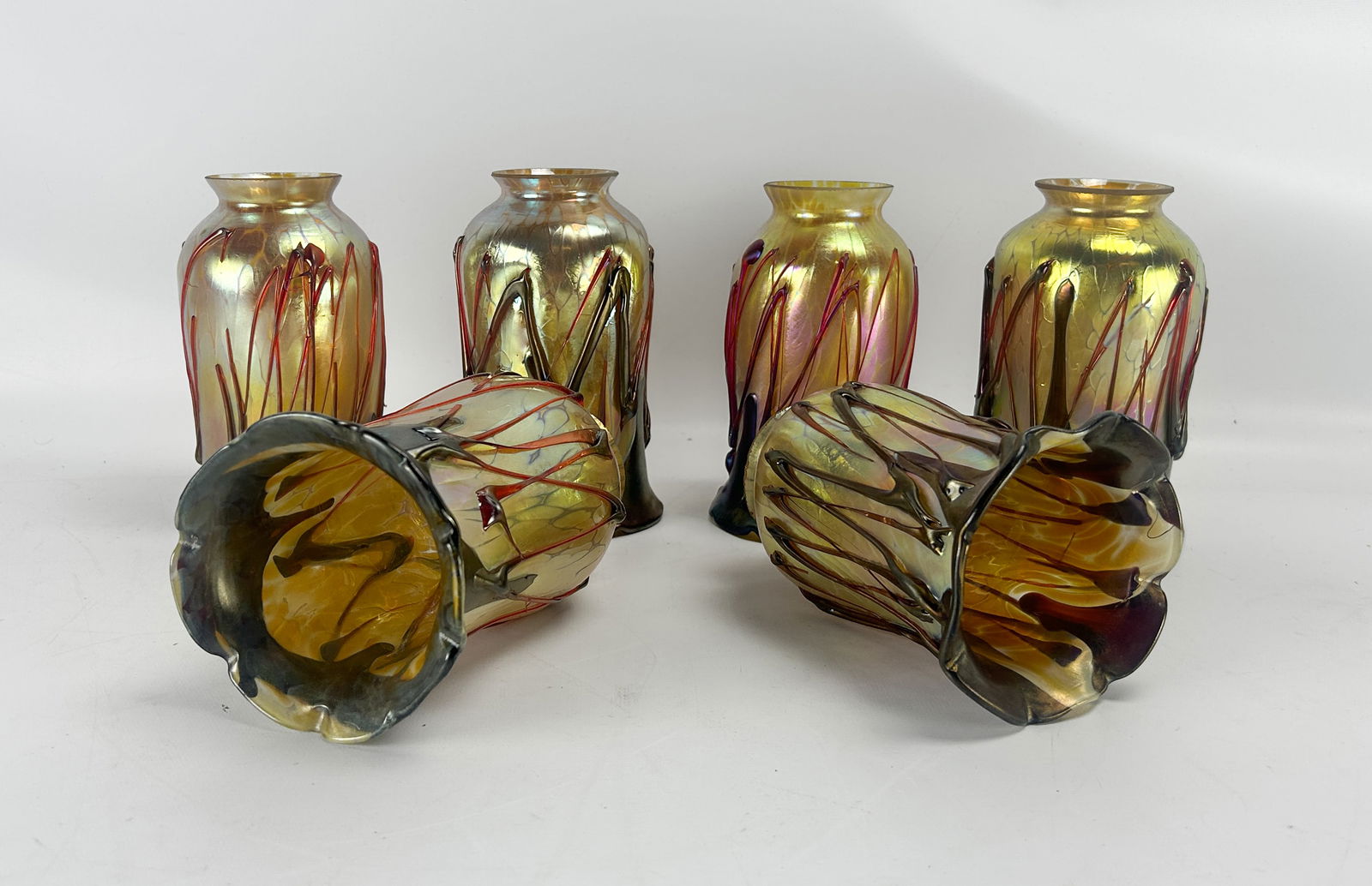 Set of Six Contemporary Iridescent Threaded Art Glass Ruffled Chandelier Lamp Shades (1 of 7)