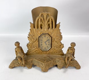 Rare 1920s Ingraham Co. Pegasus Putti Cast-Iron Octagonal TV Silhouette Lamp Clock