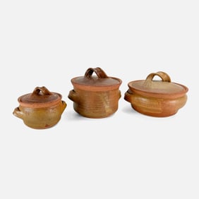 Three Karen Karnes Hand Built Stoneware Lidded Casserole Covered Dishes