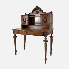 Antique 19thC English Carved Oak Wood Victorian Ladies Writing Bookcase Desk