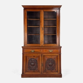 Antique 19thC European Carved Hardwood w/Glass Doors Step-Back Display Cupboard