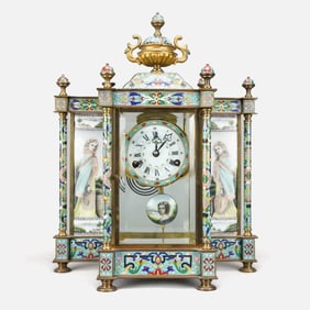 Antique French Brass & Cloisonné Mantel Clock w/ Hand-Painted Enamel