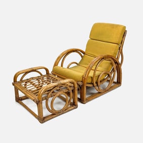 Paul Frankl Style Rattan Outdoor Lounge Chair & Ottoman