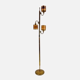 Mid-Century Modern 3-Light Brass and Rattan Floor Lamp