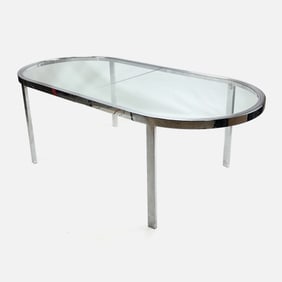 Milo Baughman "Race Track" Style Chrome & Glass Dining Table w/Two Extension Leaves