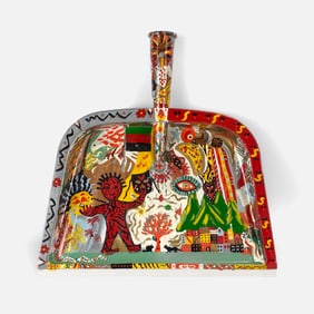 Vintage Signed 80's Folk Outsider Art Hand Painted Metal Dustpan