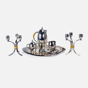 Rogers Bros Flair MCM Silverplate Coffee Set, Candlestick Pair, and Trays